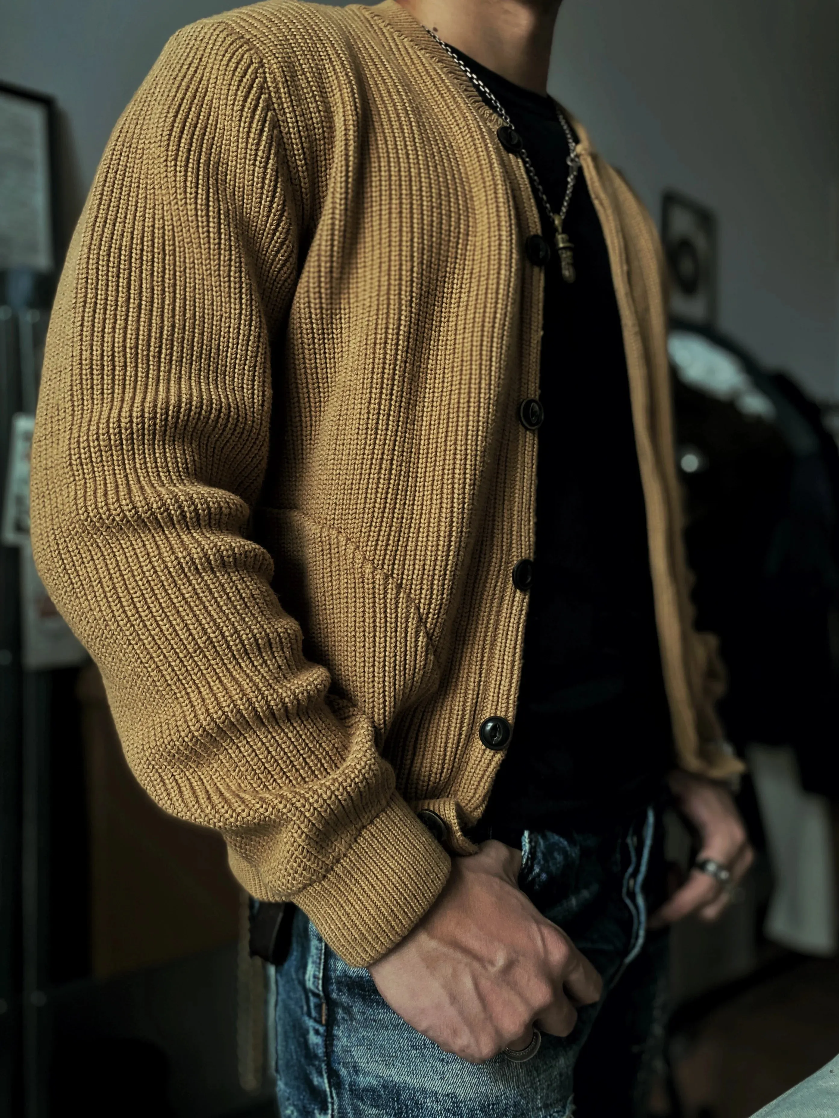 Men's Knit Cardigan Thick Cotton Heavy Sweater - Casual Vintage Style