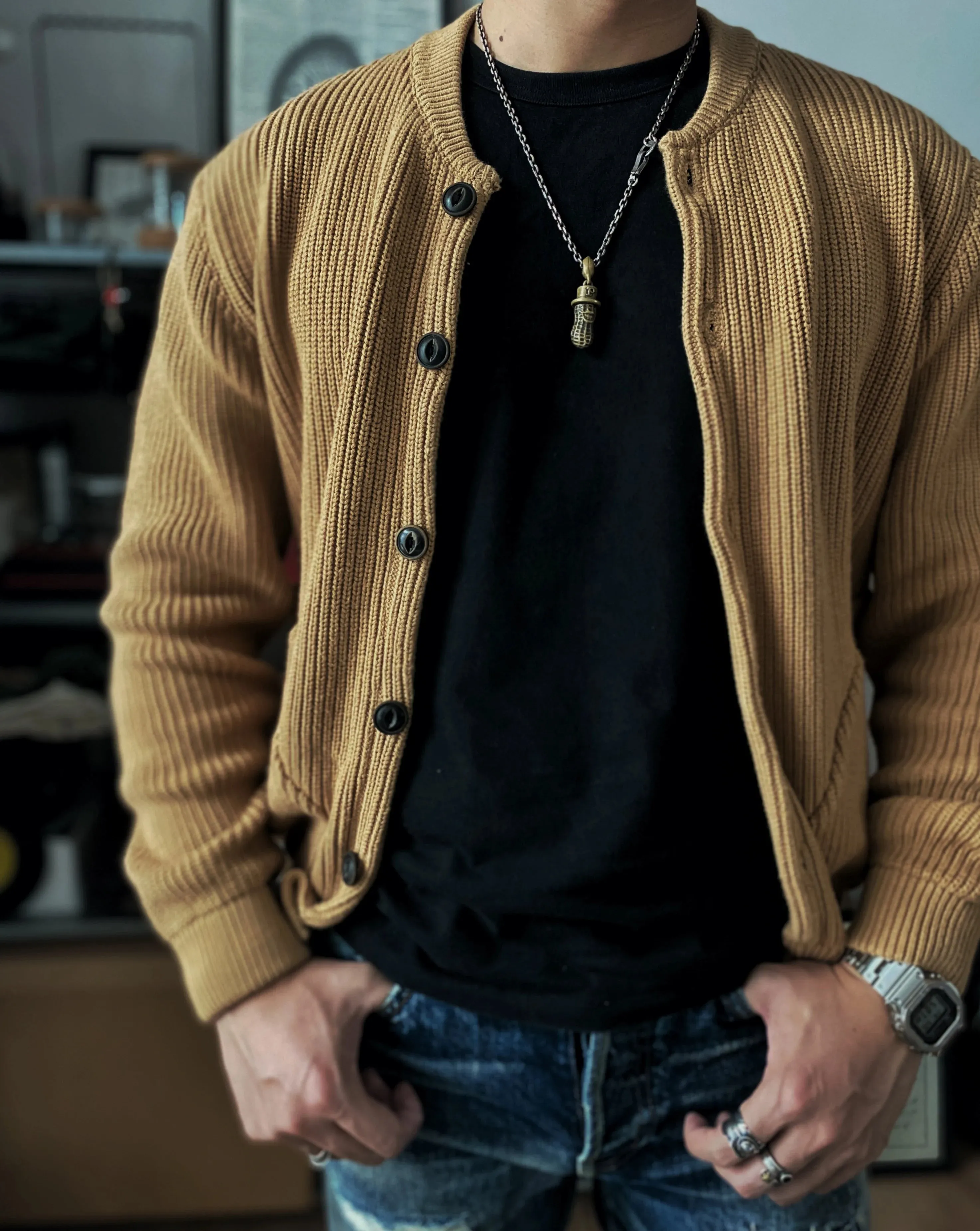 Men's Knit Cardigan Thick Cotton Heavy Sweater - Casual Vintage Style
