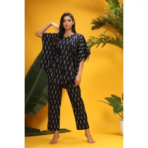 Minimalist Motif On Black Kaftan Pyjama