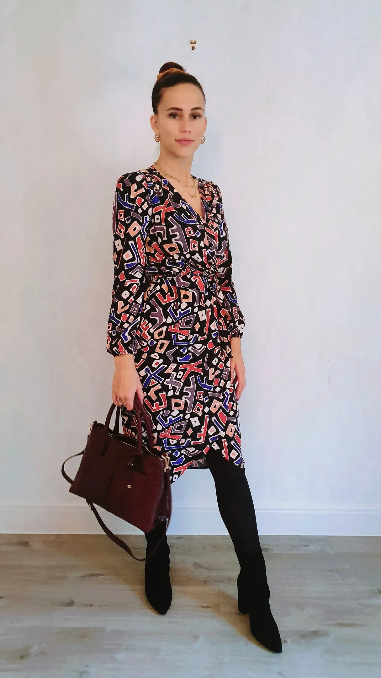 Mykonos Midi Long Sleeve Wrap Style Dress In Abstract Print