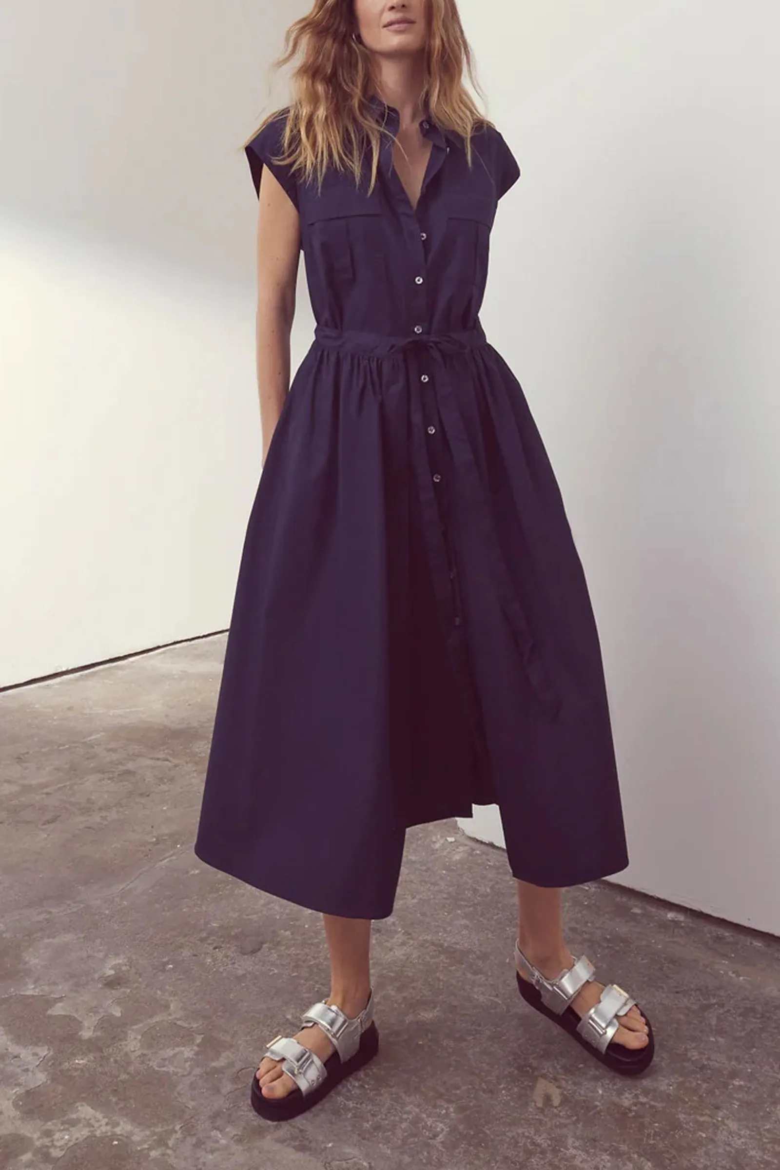 Navy Cotton Wrap Midi Shirt Dress