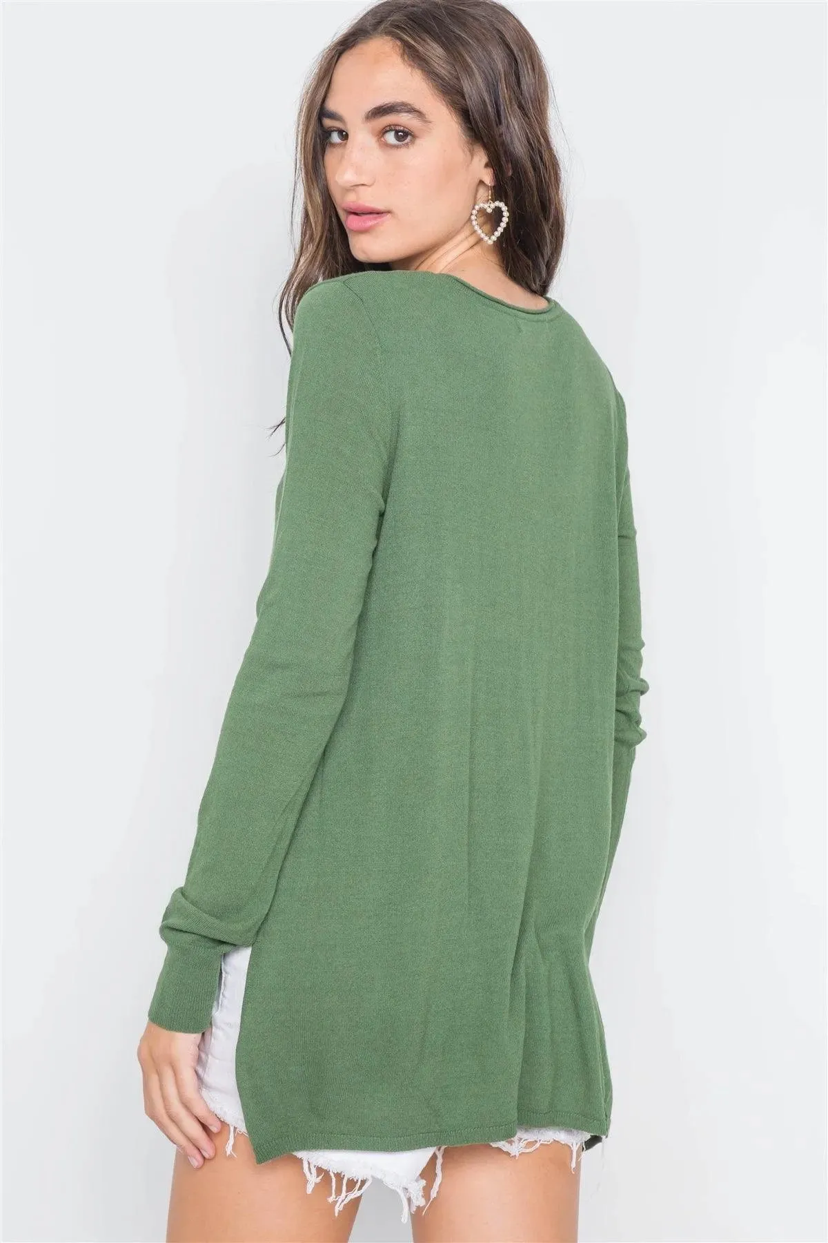 Olive Knit V-Neck Casual Solid Long Sleeve Sweater