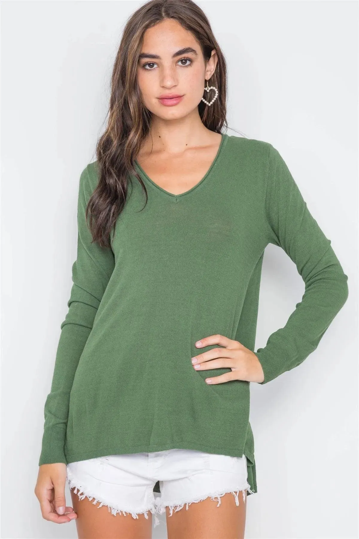 Olive Knit V-Neck Casual Solid Long Sleeve Sweater