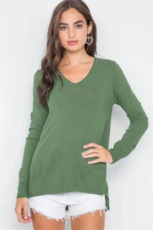 Olive Knit V-Neck Casual Solid Long Sleeve Sweater