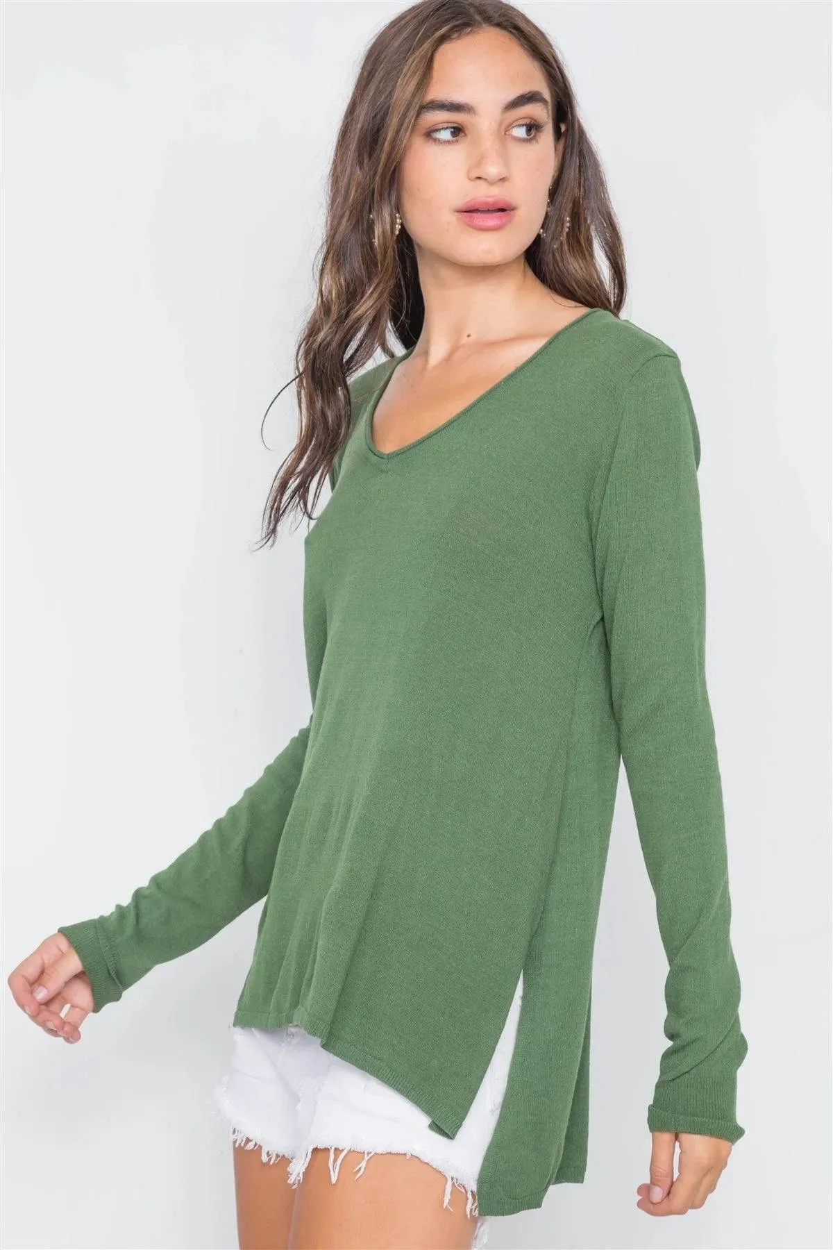 Olive Knit V-Neck Casual Solid Long Sleeve Sweater