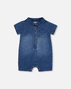 One-Piece Denim Romper Dark Denim Blue