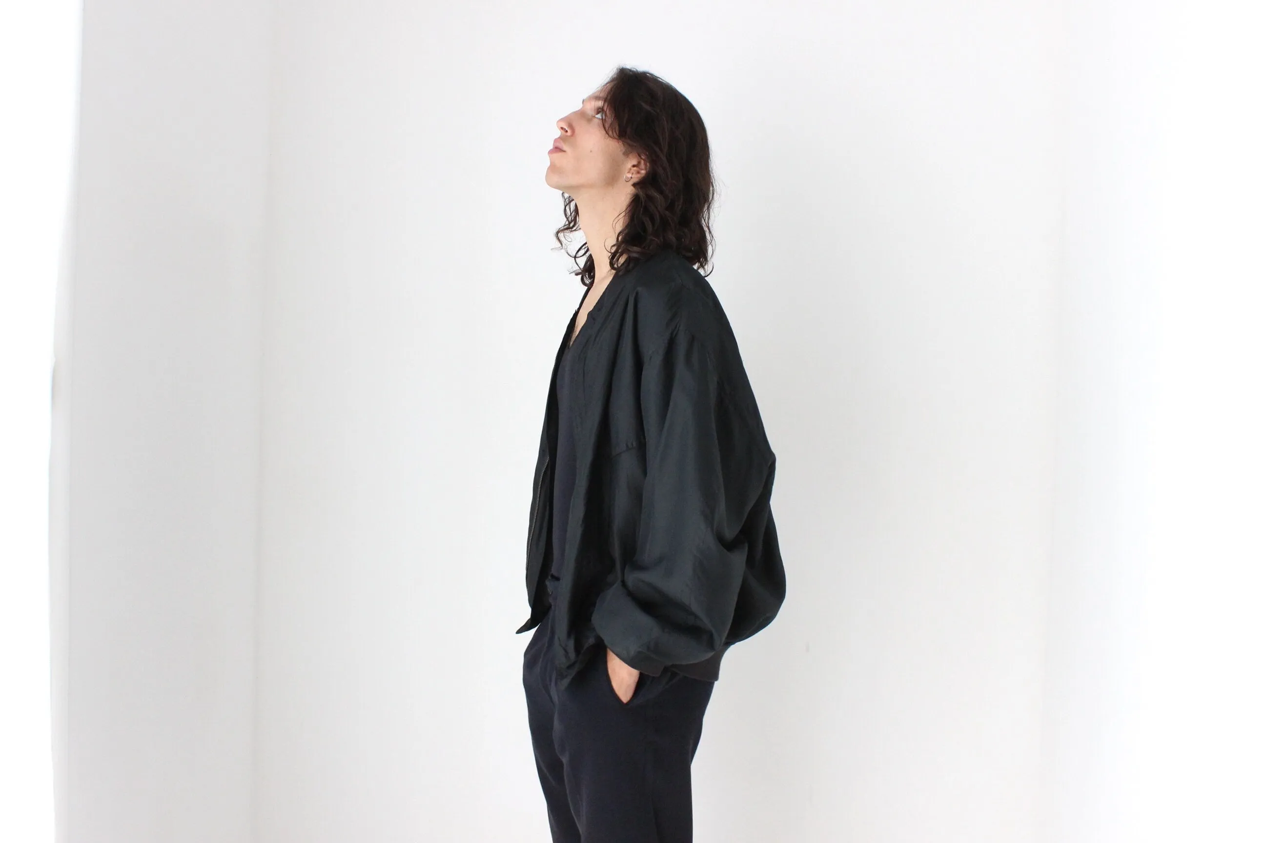 Perfect 80s Pure Silk Minimal Black Classic Bomber