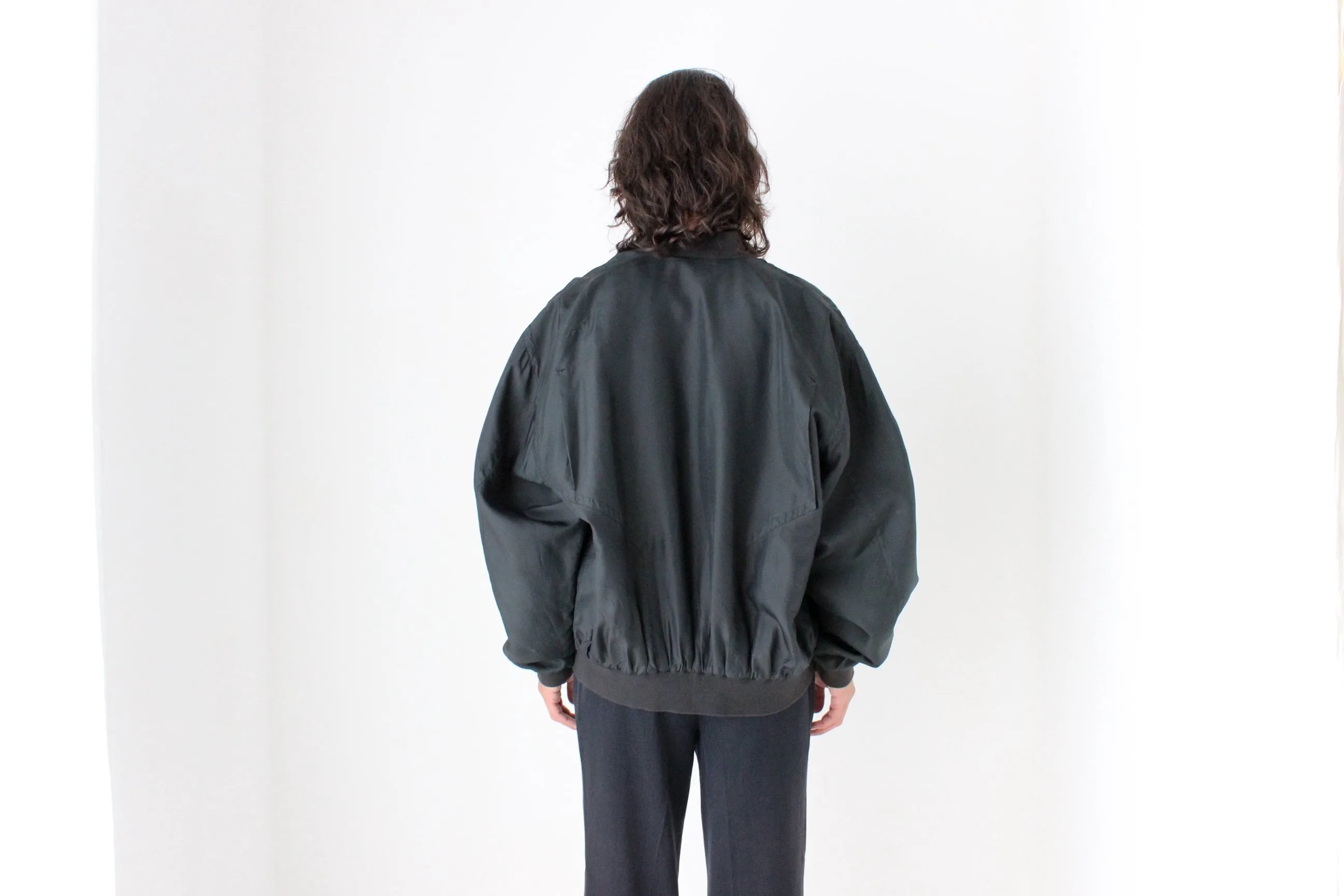Perfect 80s Pure Silk Minimal Black Classic Bomber