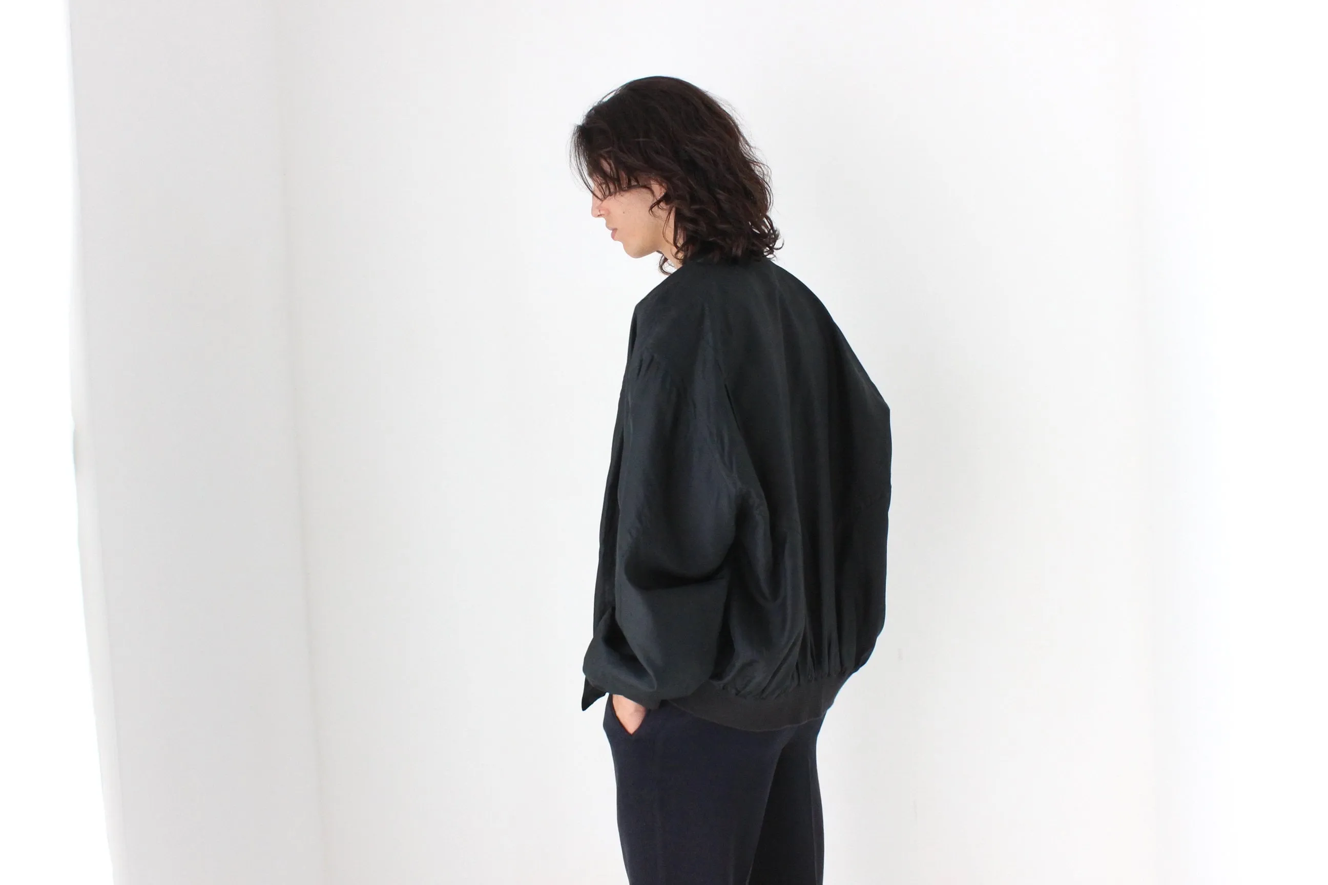 Perfect 80s Pure Silk Minimal Black Classic Bomber