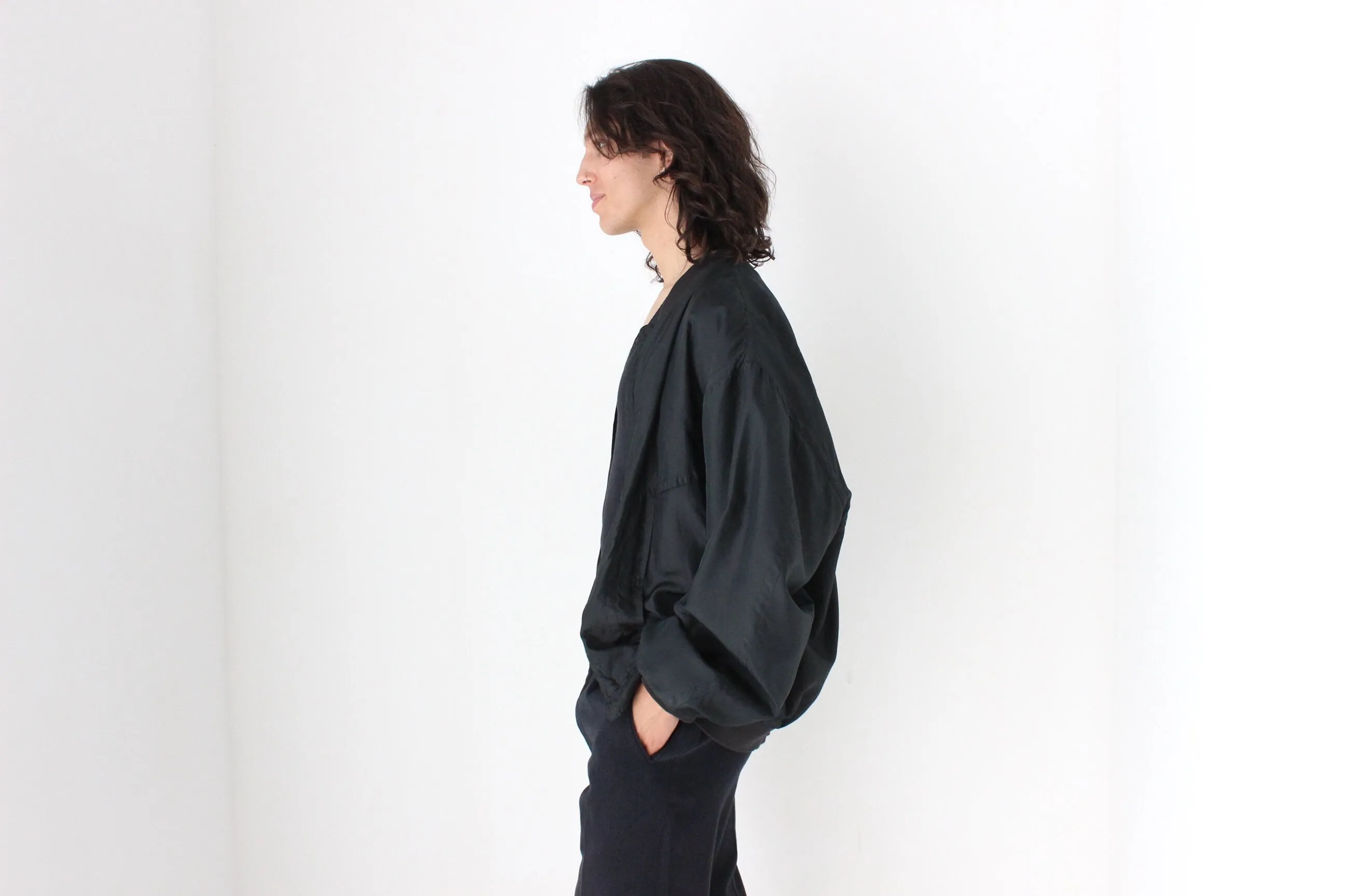 Perfect 80s Pure Silk Minimal Black Classic Bomber