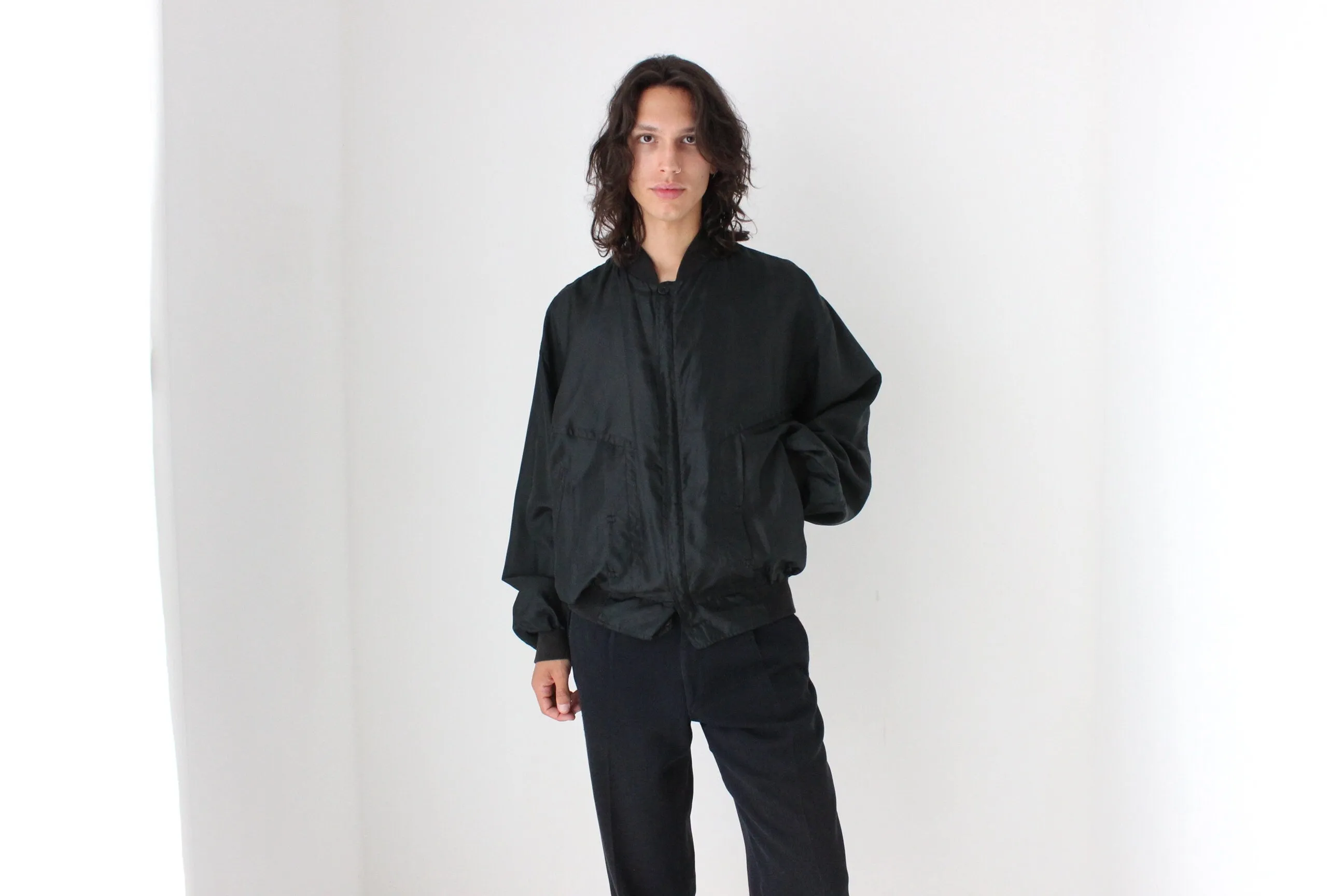 Perfect 80s Pure Silk Minimal Black Classic Bomber