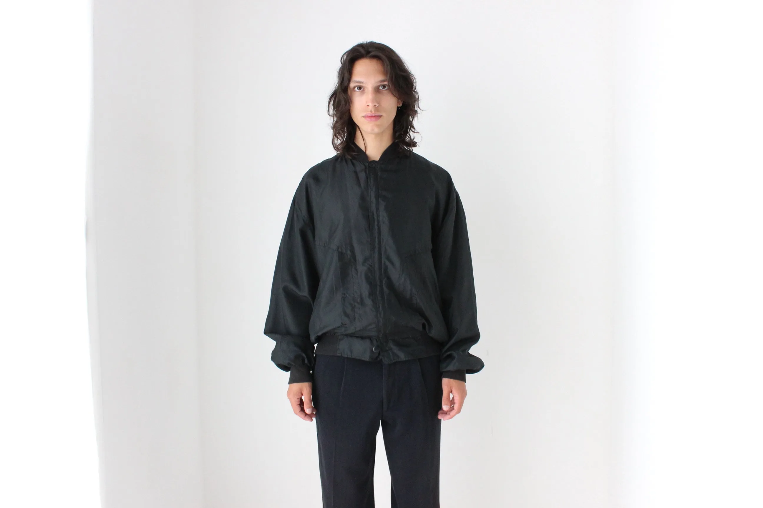 Perfect 80s Pure Silk Minimal Black Classic Bomber