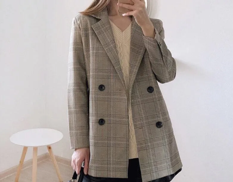Plaid pattern-Notched Collar office blazer