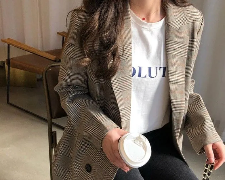 Plaid pattern-Notched Collar office blazer