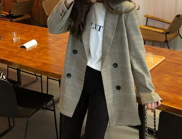 Plaid pattern-Notched Collar office blazer