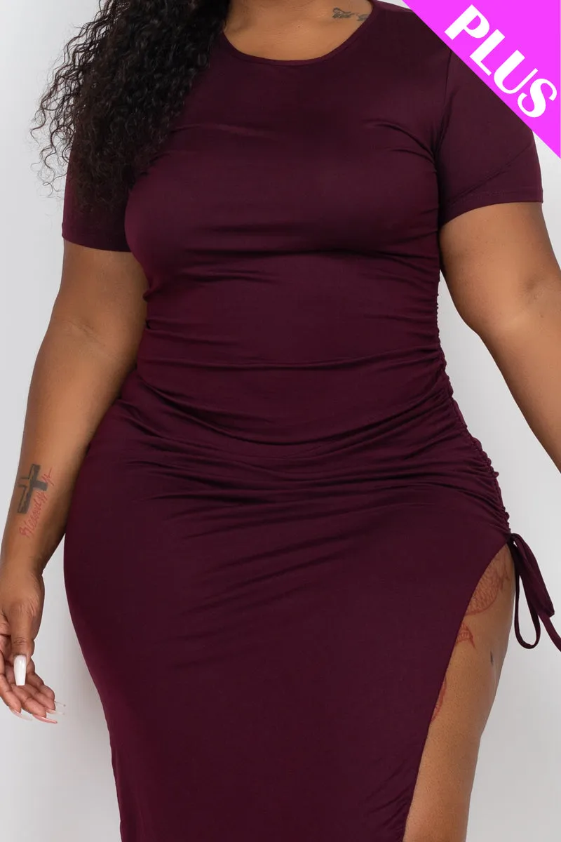 Plus Size Drawstring Ruched Side Split Hem Midi Dress