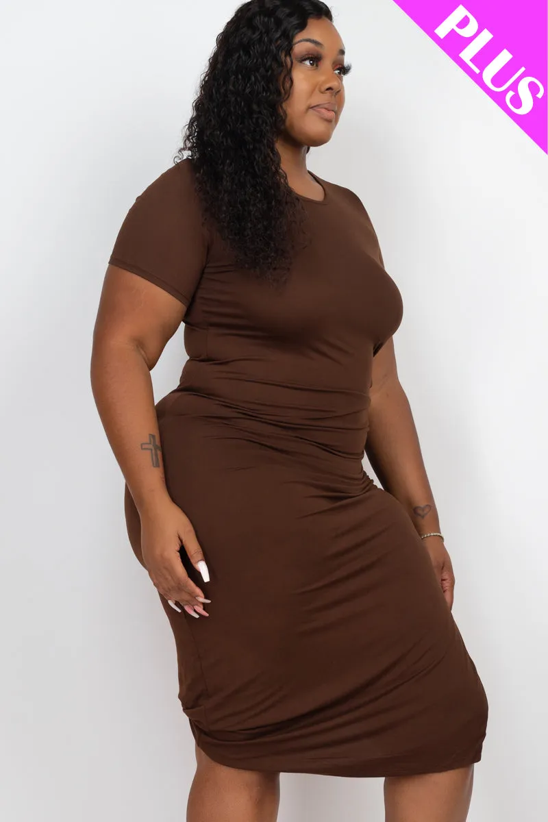 Plus Size Drawstring Ruched Side Split Hem Midi Dress