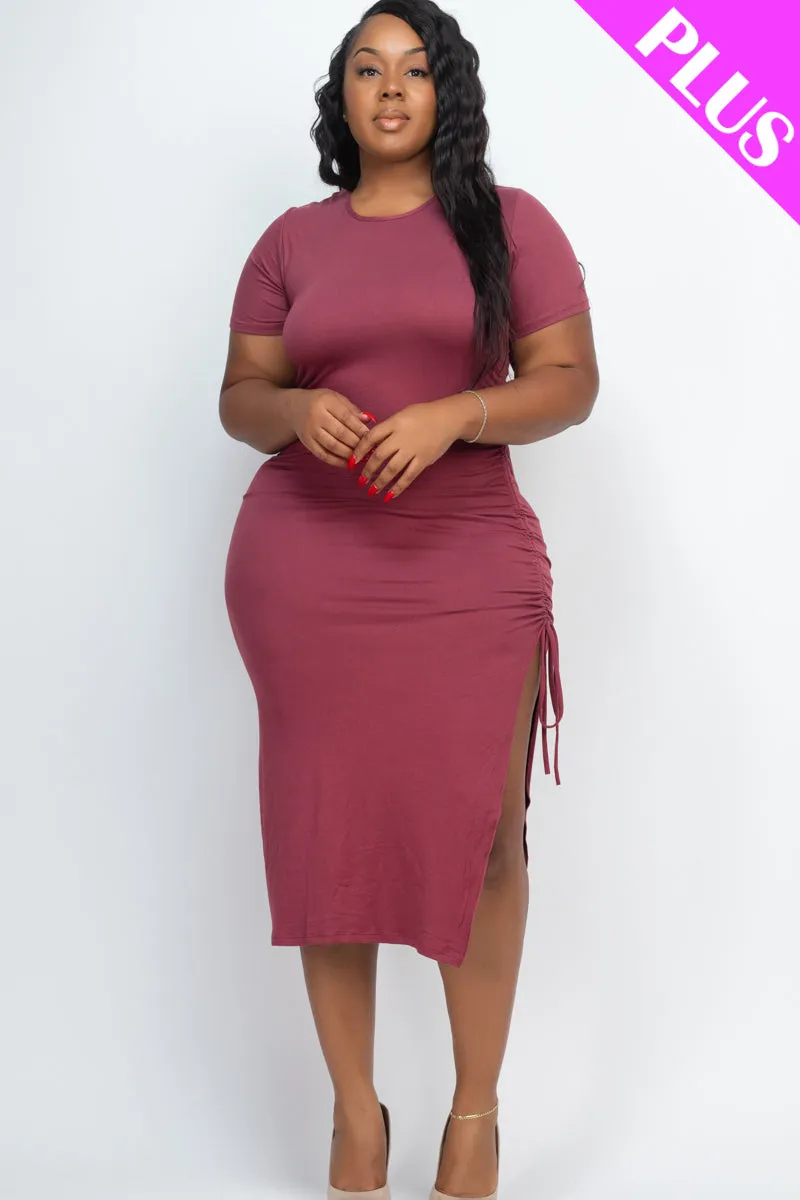 Plus Size Drawstring Ruched Side Split Hem Midi Dress