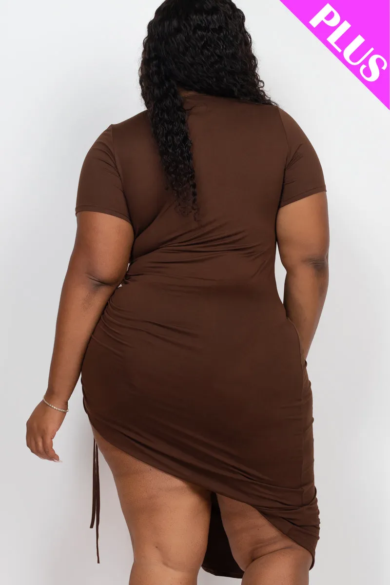 Plus Size Drawstring Ruched Side Split Hem Midi Dress