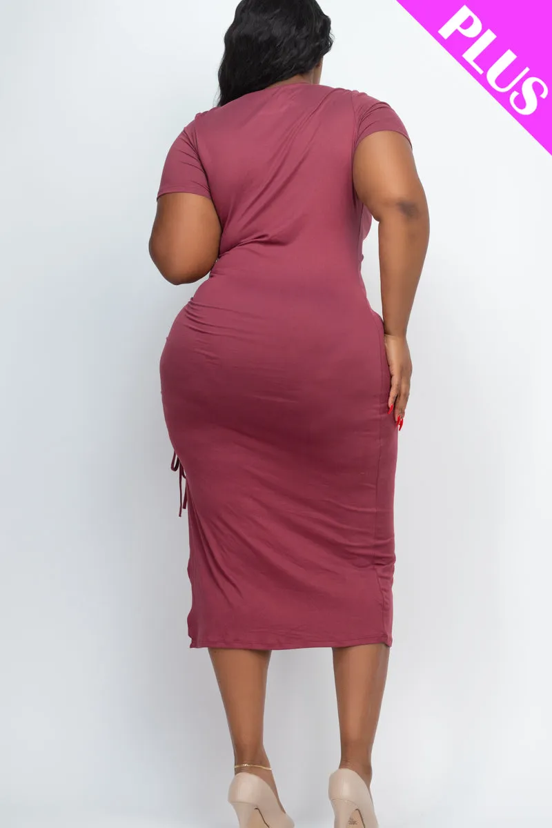 Plus Size Drawstring Ruched Side Split Hem Midi Dress