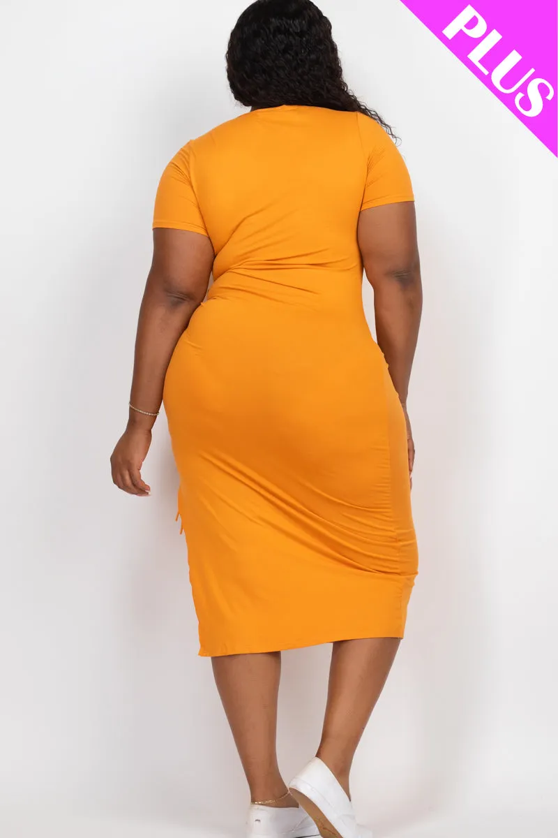 Plus Size Drawstring Ruched Side Split Hem Midi Dress
