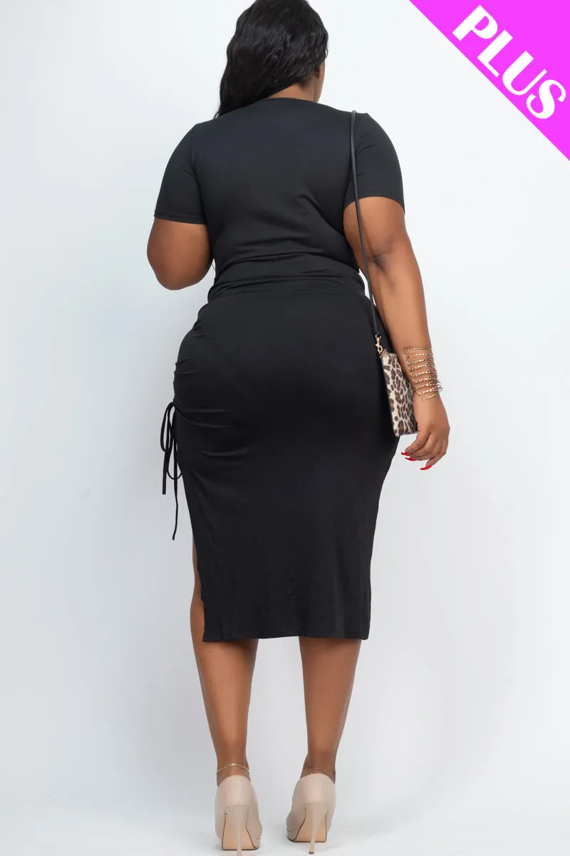 Plus Size Drawstring Ruched Side Split Hem Midi Dress