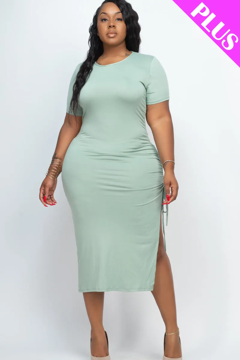 Plus Size Drawstring Ruched Side Split Hem Midi Dress