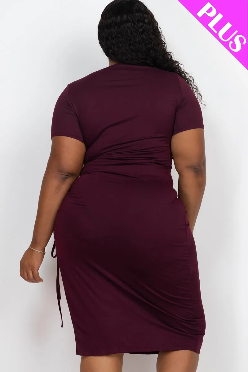 Plus Size Drawstring Ruched Side Split Hem Midi Dress