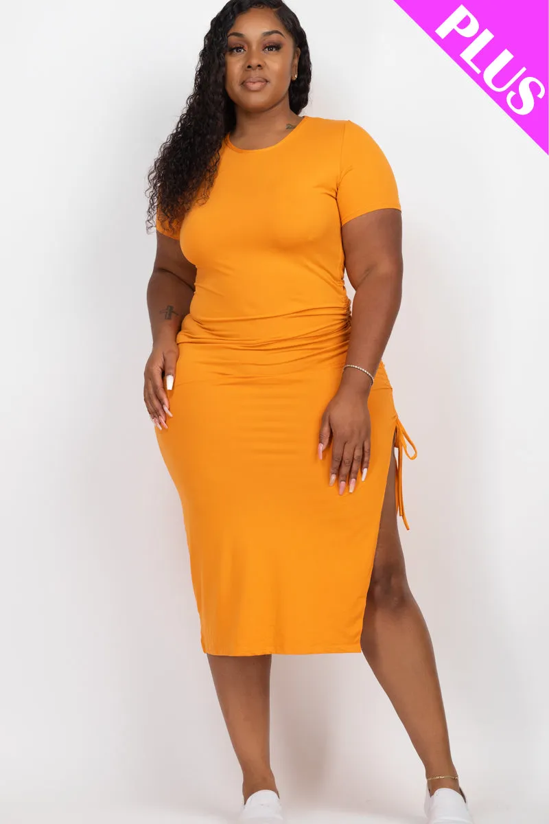 Plus Size Drawstring Ruched Side Split Hem Midi Dress