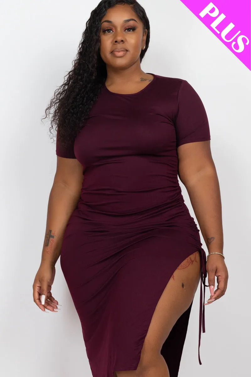 Plus Size Drawstring Ruched Side Split Hem Midi Dress