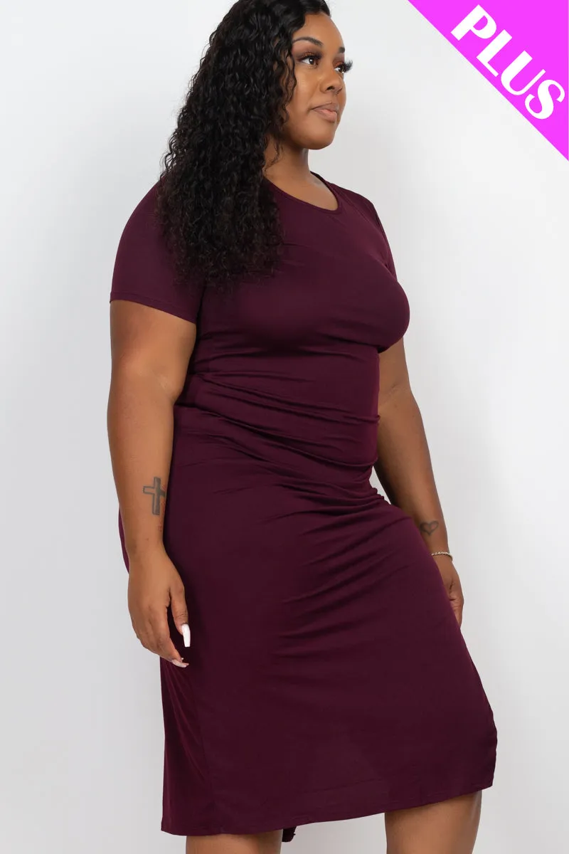 Plus Size Drawstring Ruched Side Split Hem Midi Dress