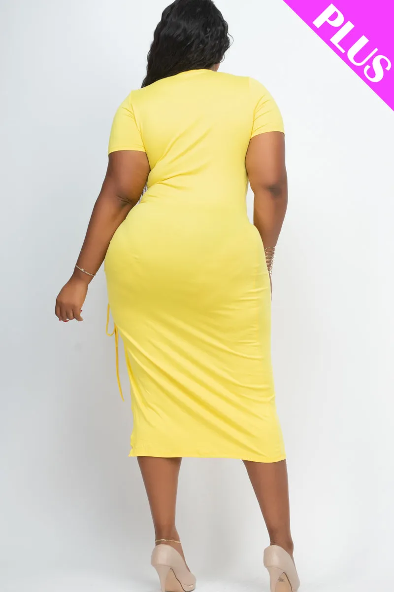 Plus Size Drawstring Ruched Side Split Hem Midi Dress