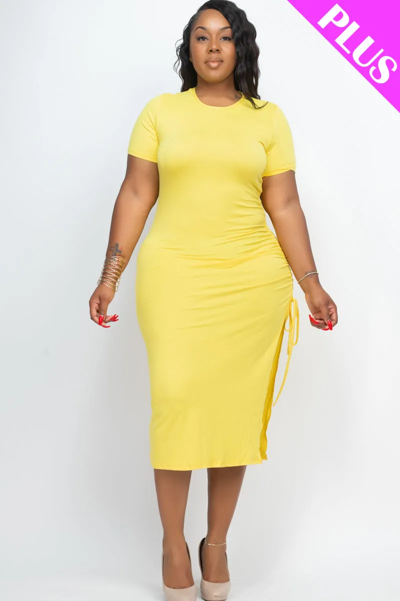 Plus Size Drawstring Ruched Side Split Hem Midi Dress