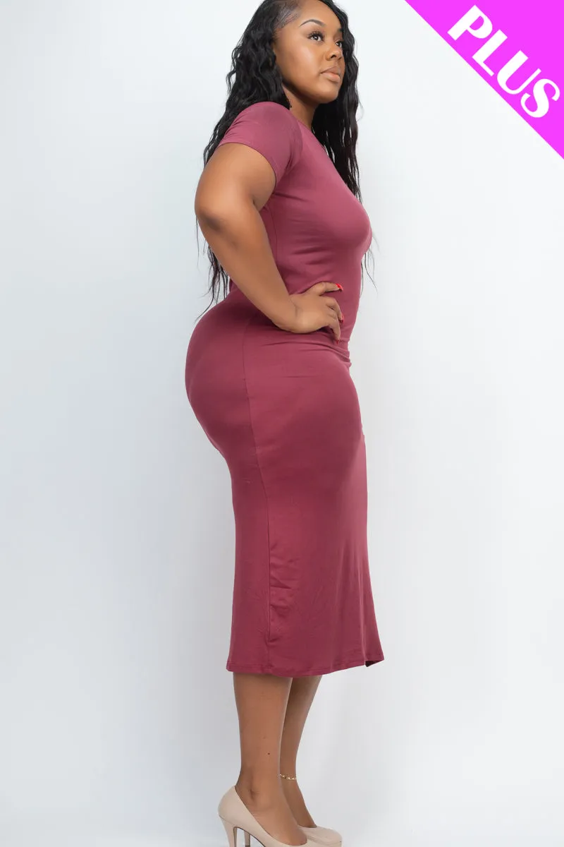 Plus Size Drawstring Ruched Side Split Hem Midi Dress