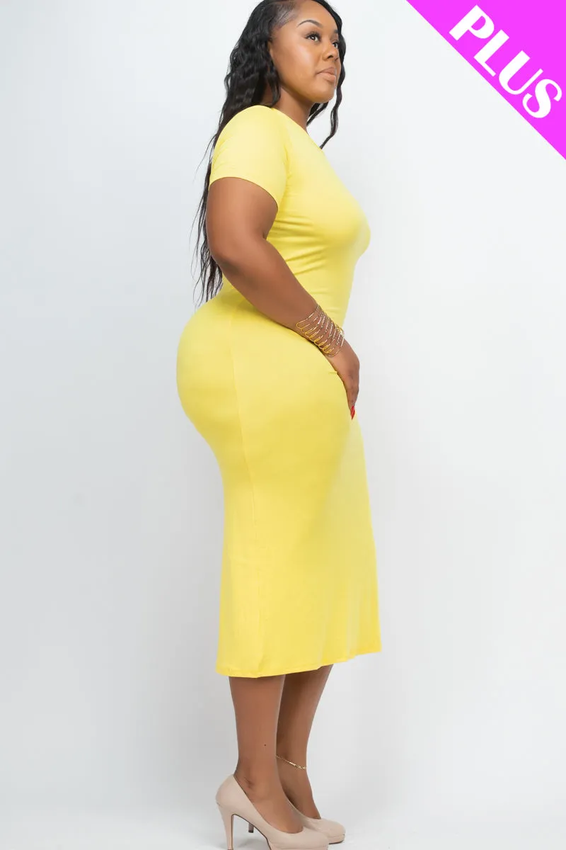 Plus Size Drawstring Ruched Side Split Hem Midi Dress