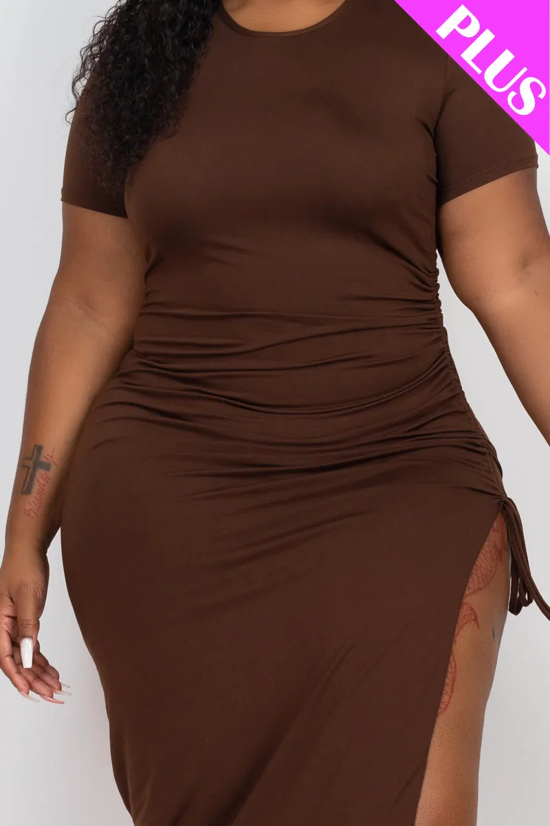 Plus Size Drawstring Ruched Side Split Hem Midi Dress