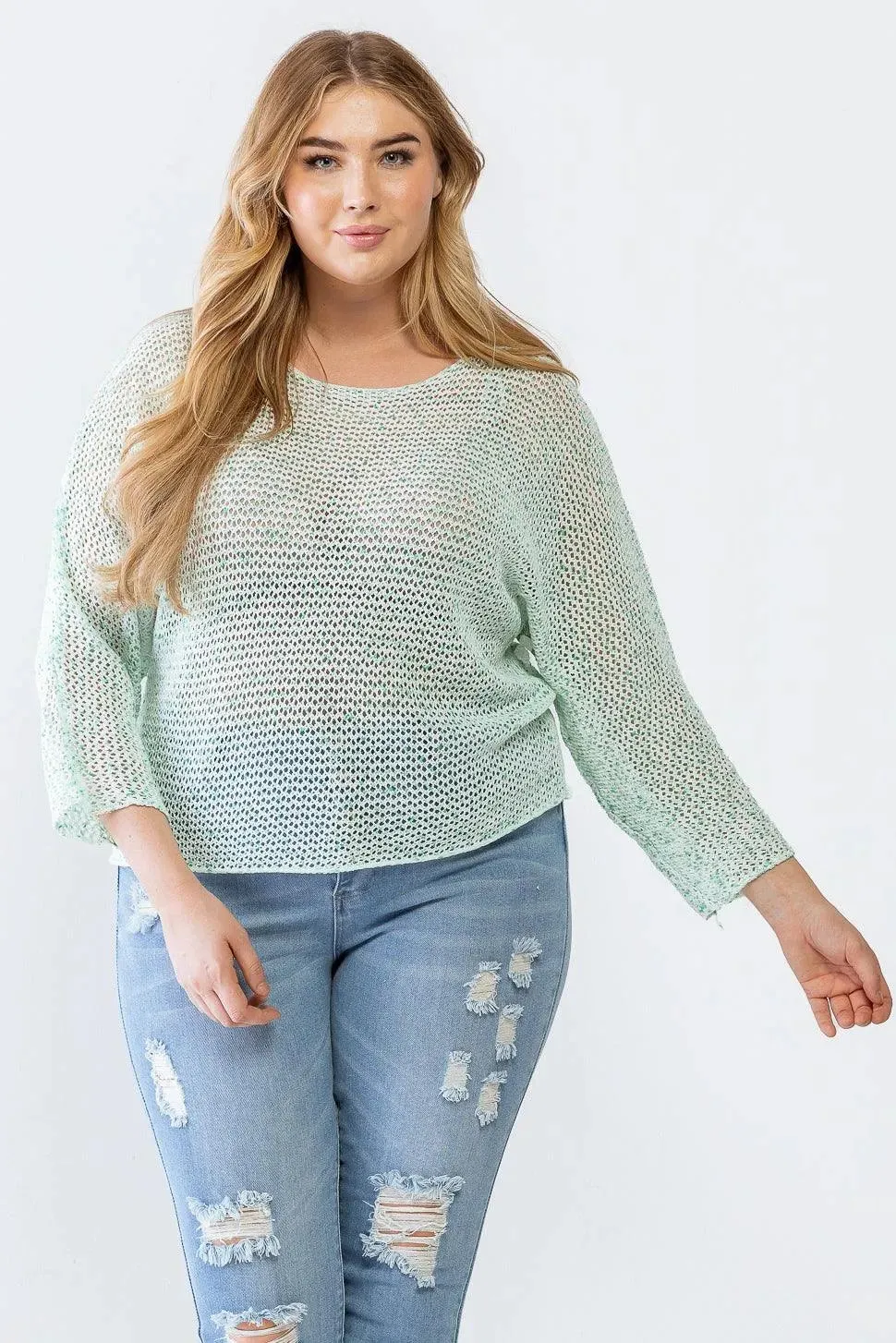 Plus Size Green White Long Sleeve Relax Knit Sweater /3-2