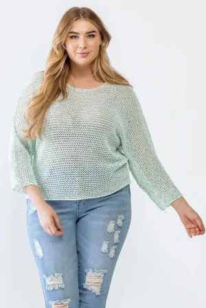 Plus Size Green White Long Sleeve Relax Knit Sweater /3-2