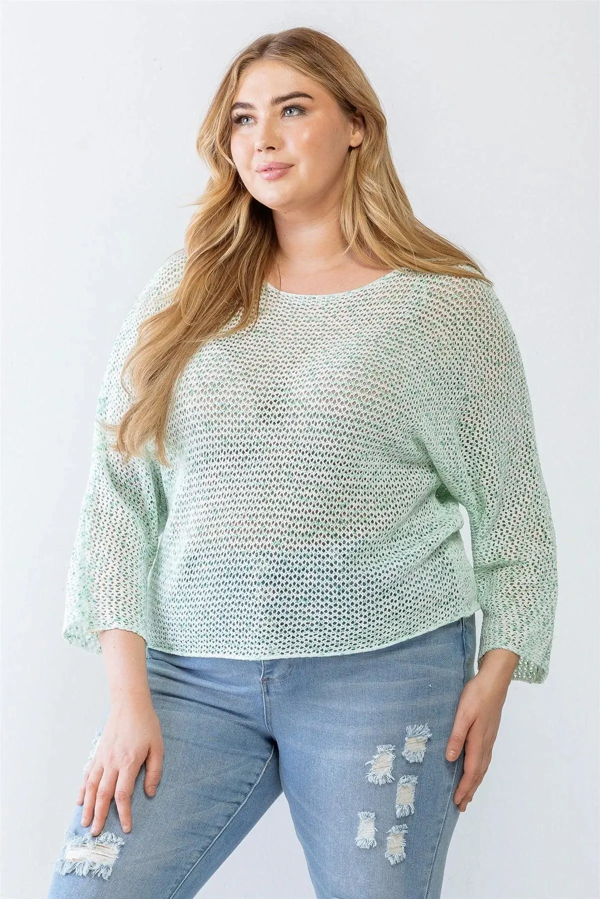 Plus Size Green White Long Sleeve Relax Knit Sweater /3-2