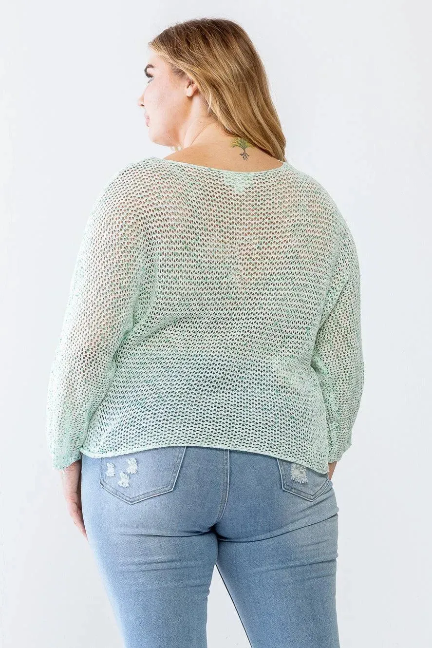 Plus Size Green White Long Sleeve Relax Knit Sweater /3-2