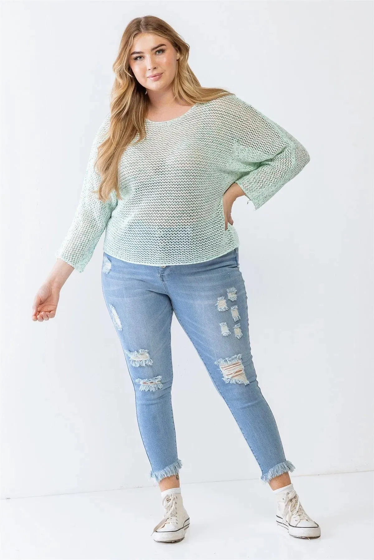 Plus Size Green White Long Sleeve Relax Knit Sweater /3-2