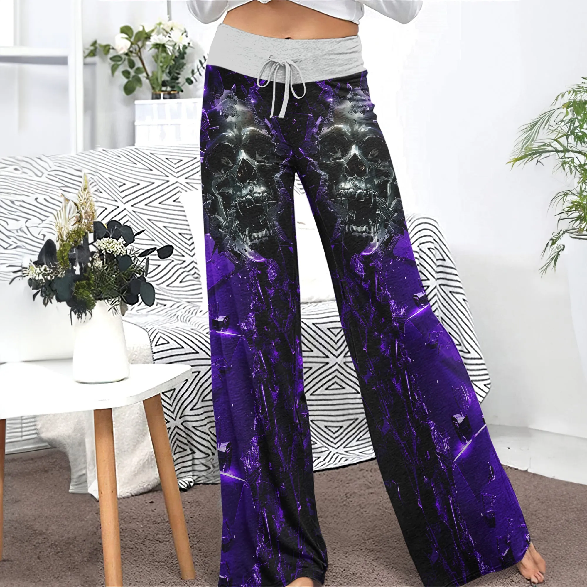 Purple Skull Broken Mirror Women's High-waisted Wide Leg Pants