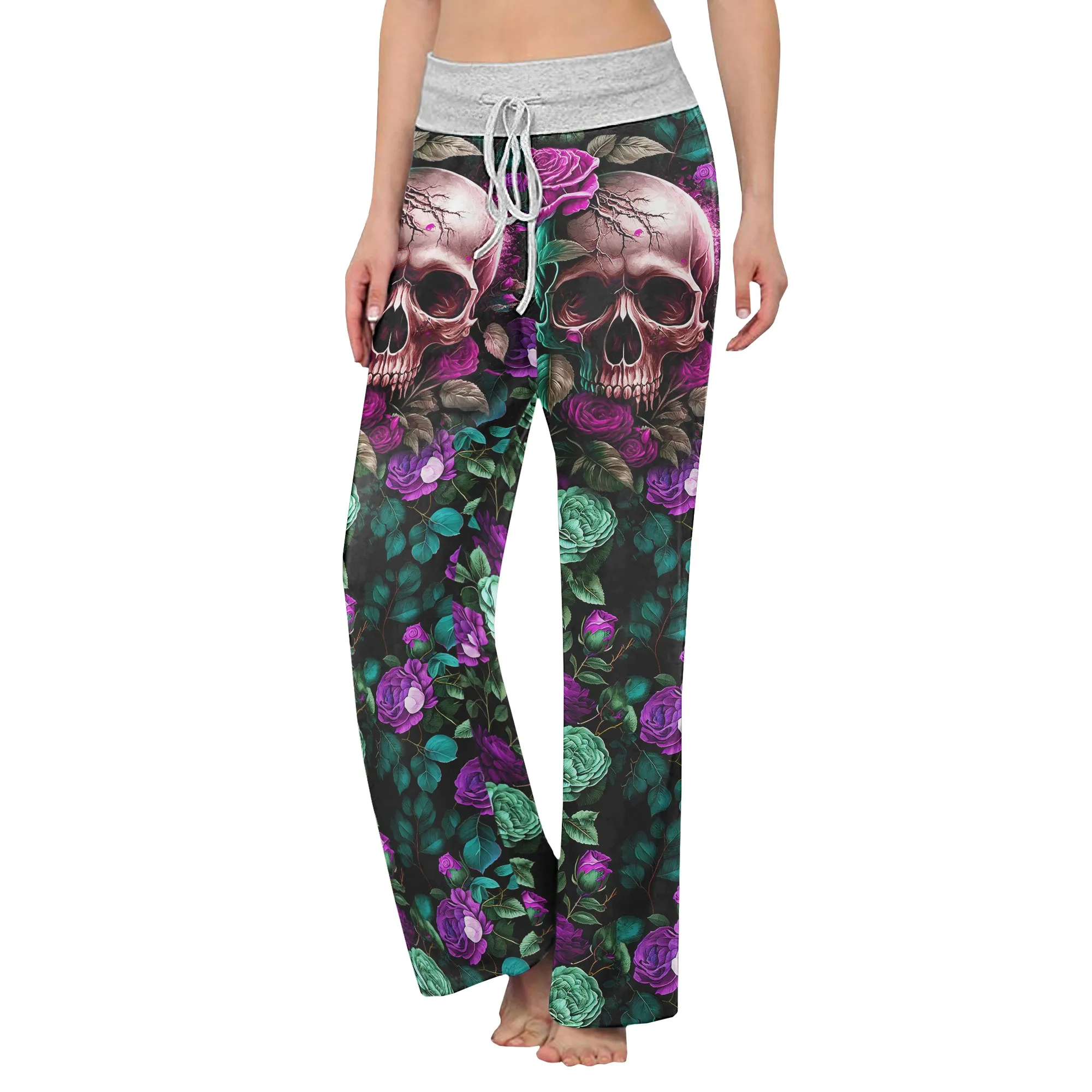 Purple Skull Flower Women's High-waisted Wide Leg Pants