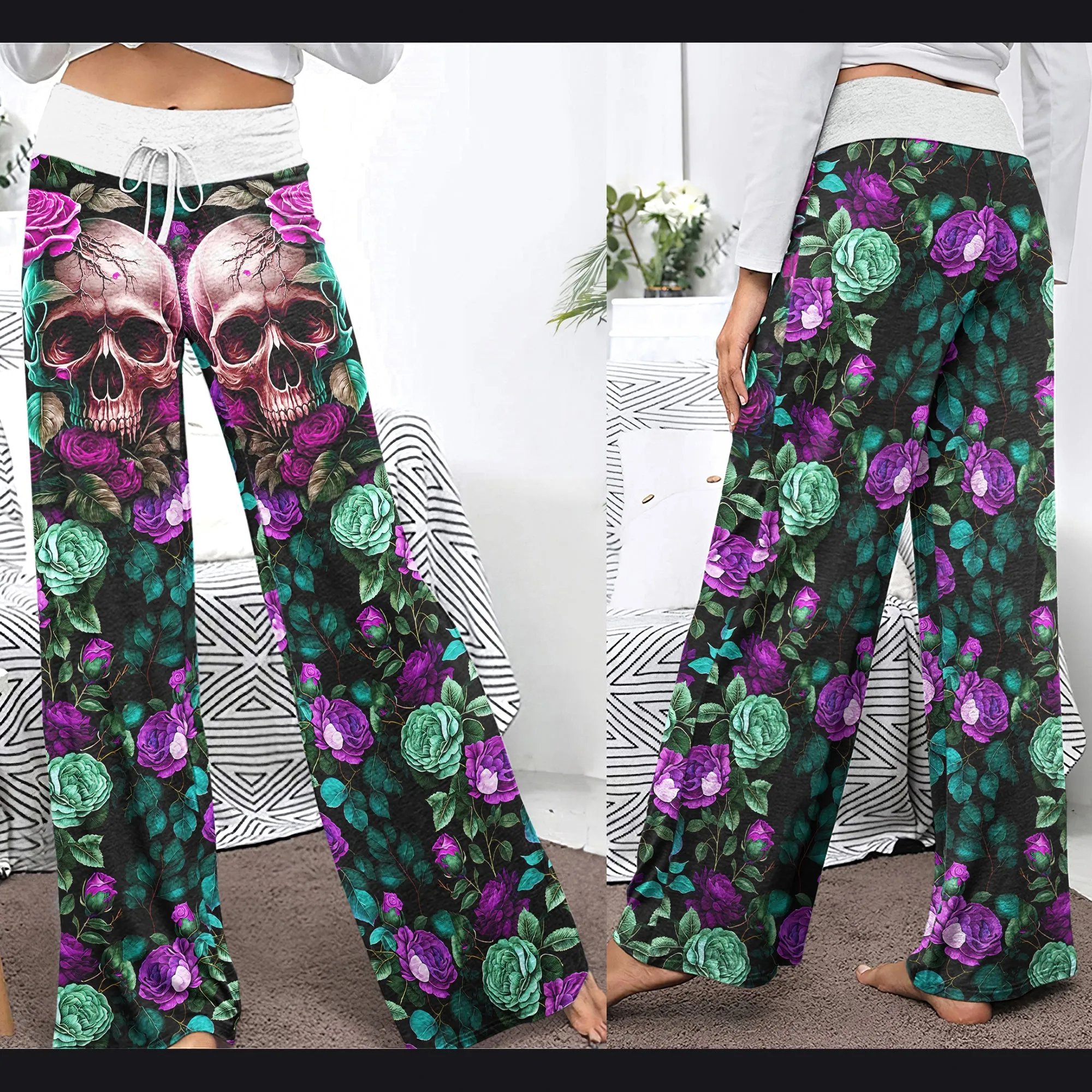 Purple Skull Flower Women's High-waisted Wide Leg Pants