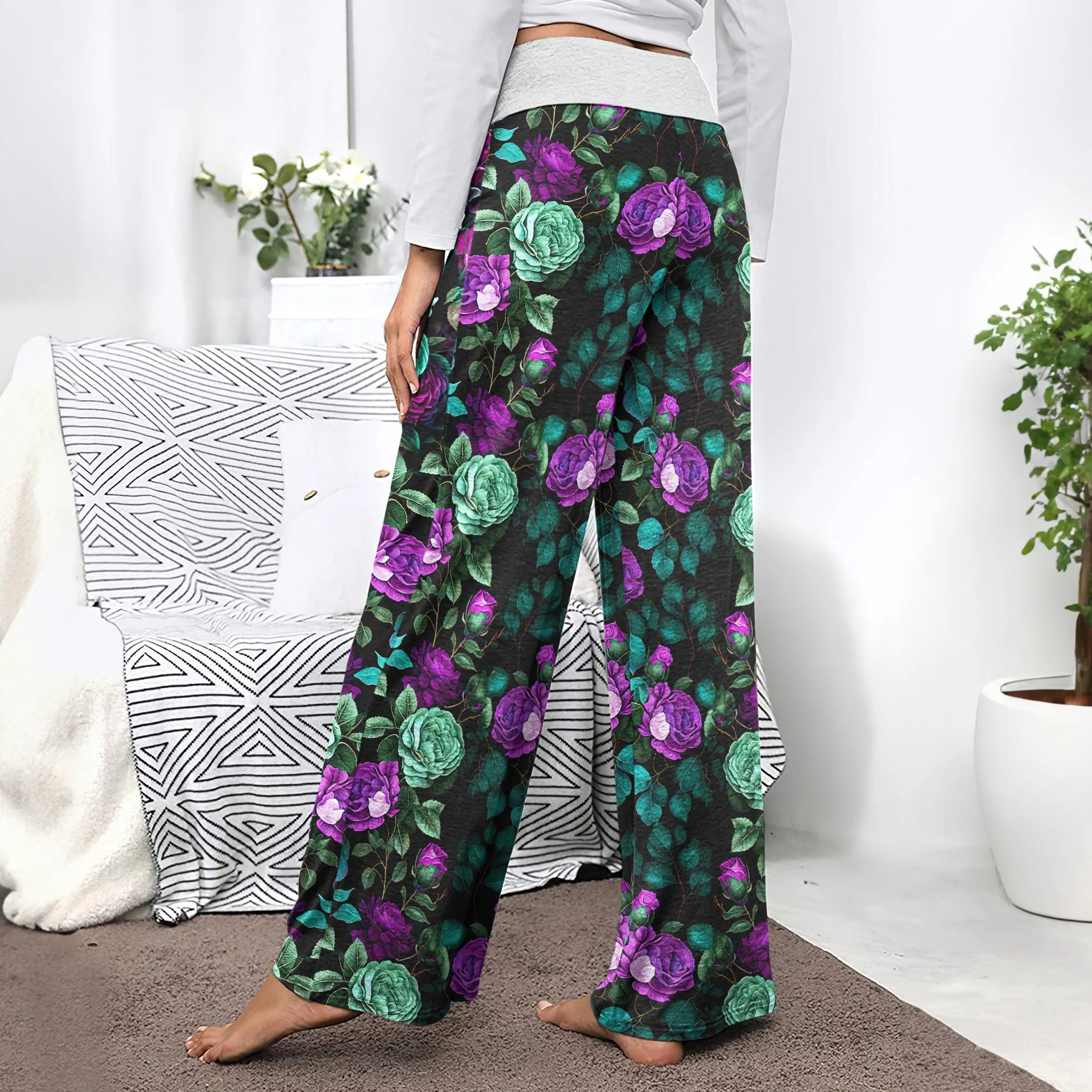 Purple Skull Flower Women's High-waisted Wide Leg Pants
