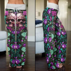 Purple Skull Flower Women's High-waisted Wide Leg Pants