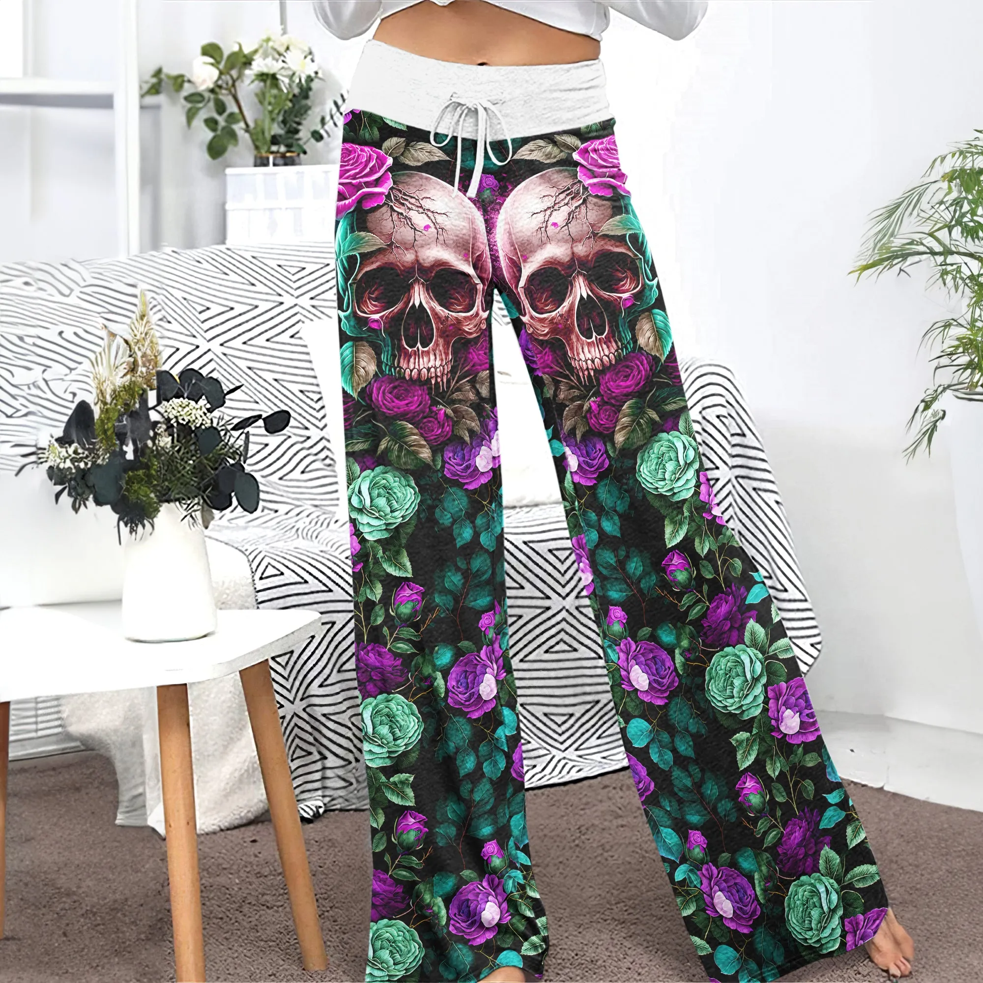 Purple Skull Flower Women's High-waisted Wide Leg Pants