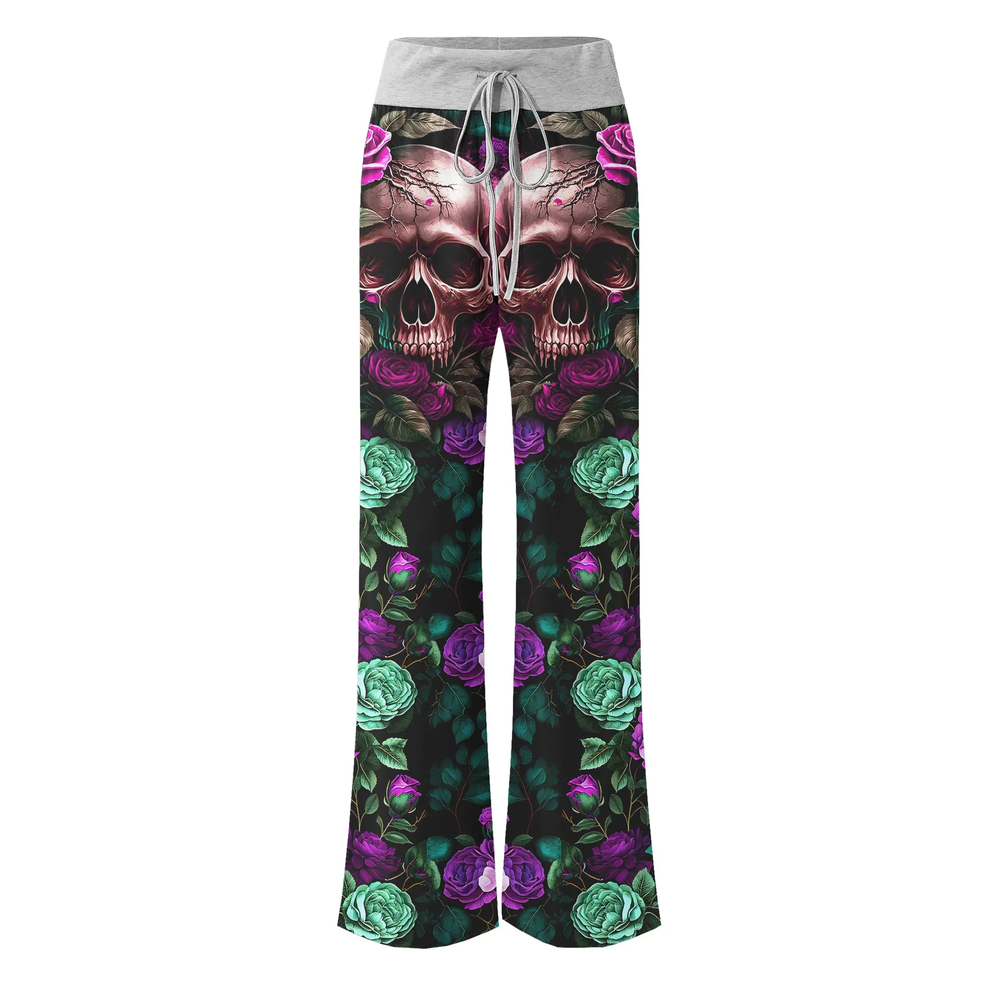 Purple Skull Flower Women's High-waisted Wide Leg Pants