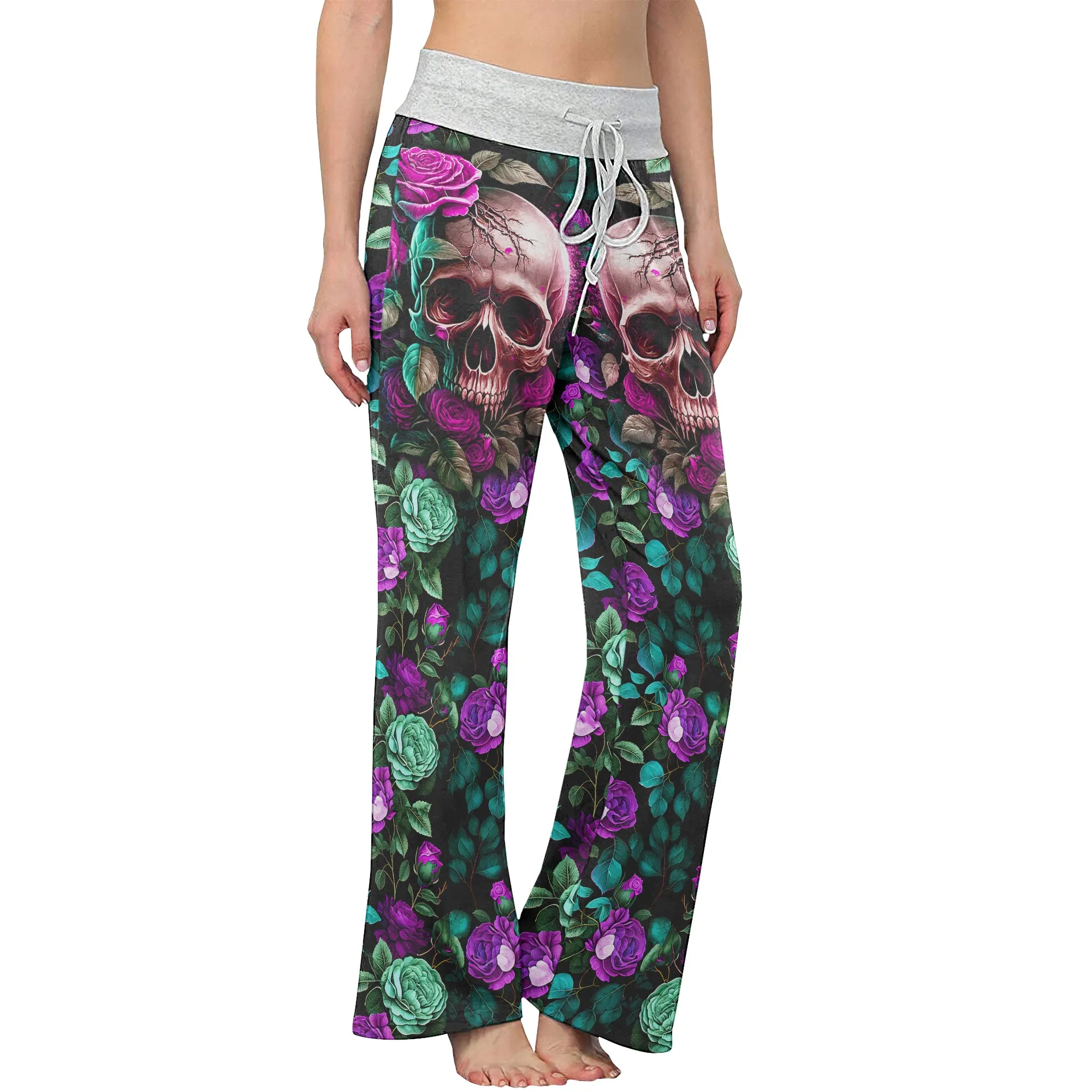 Purple Skull Flower Women's High-waisted Wide Leg Pants