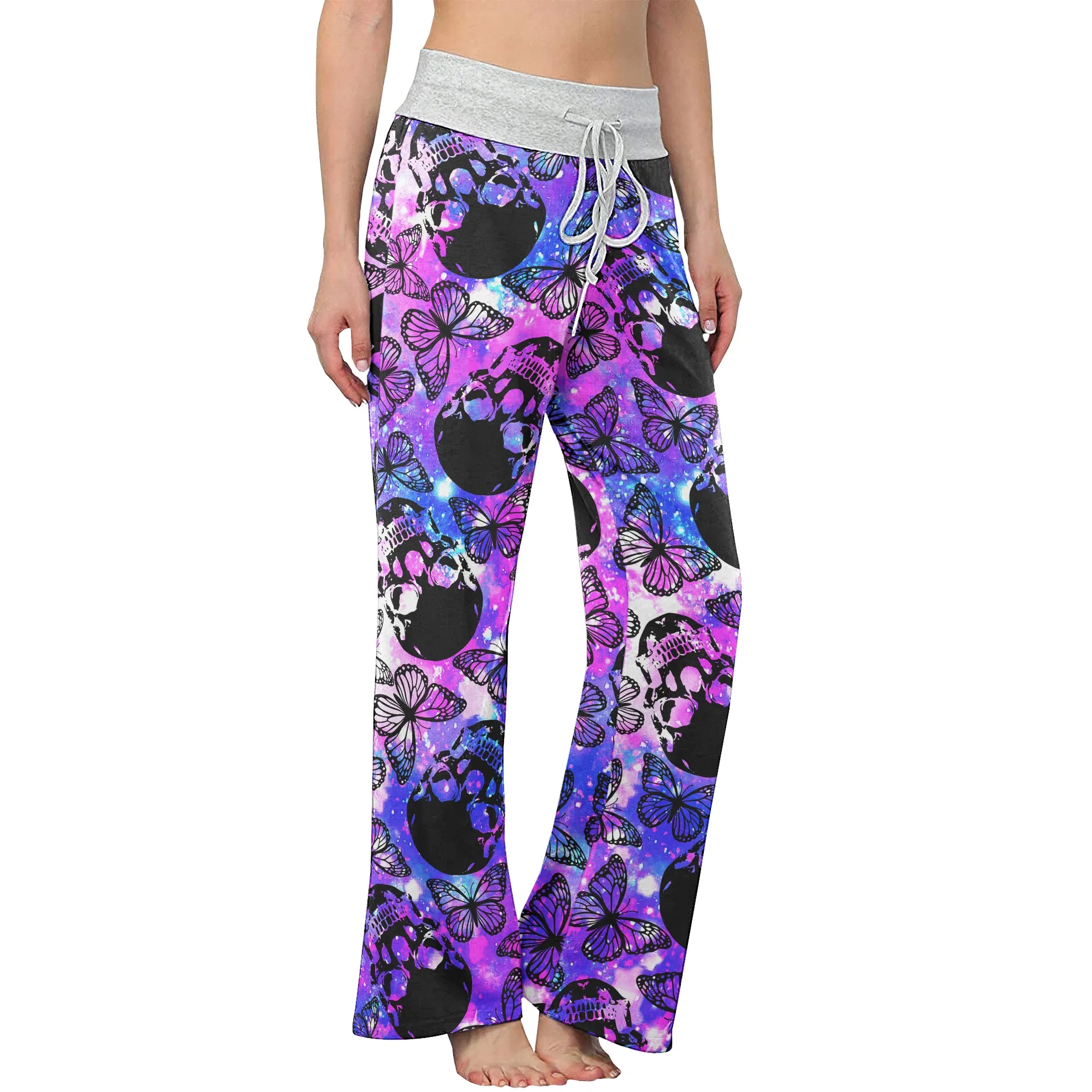 Purple Smoke Skull Butterfly Women's High-waisted Wide Leg Pants